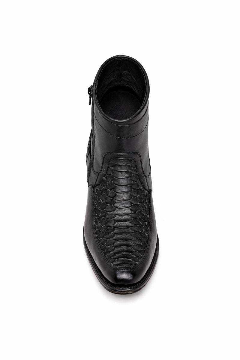 Los Altos Men's Original Python Skin European Toe Short Boots - Black 76BFN5705-New Designer Collection