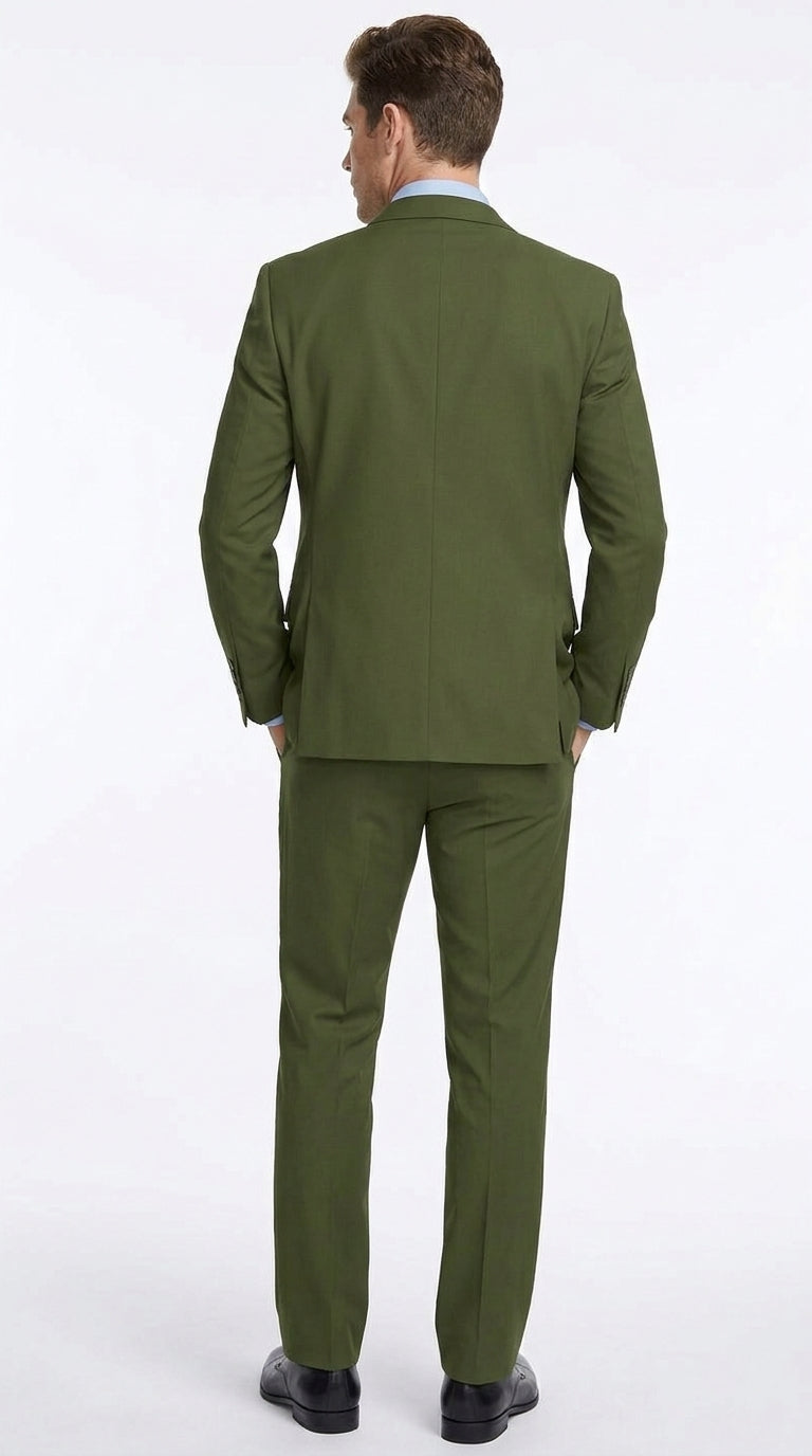 Men’s Olive Classic Fit 3 Piece Suit, Flat Front Vested Formal Wedding Business Suit