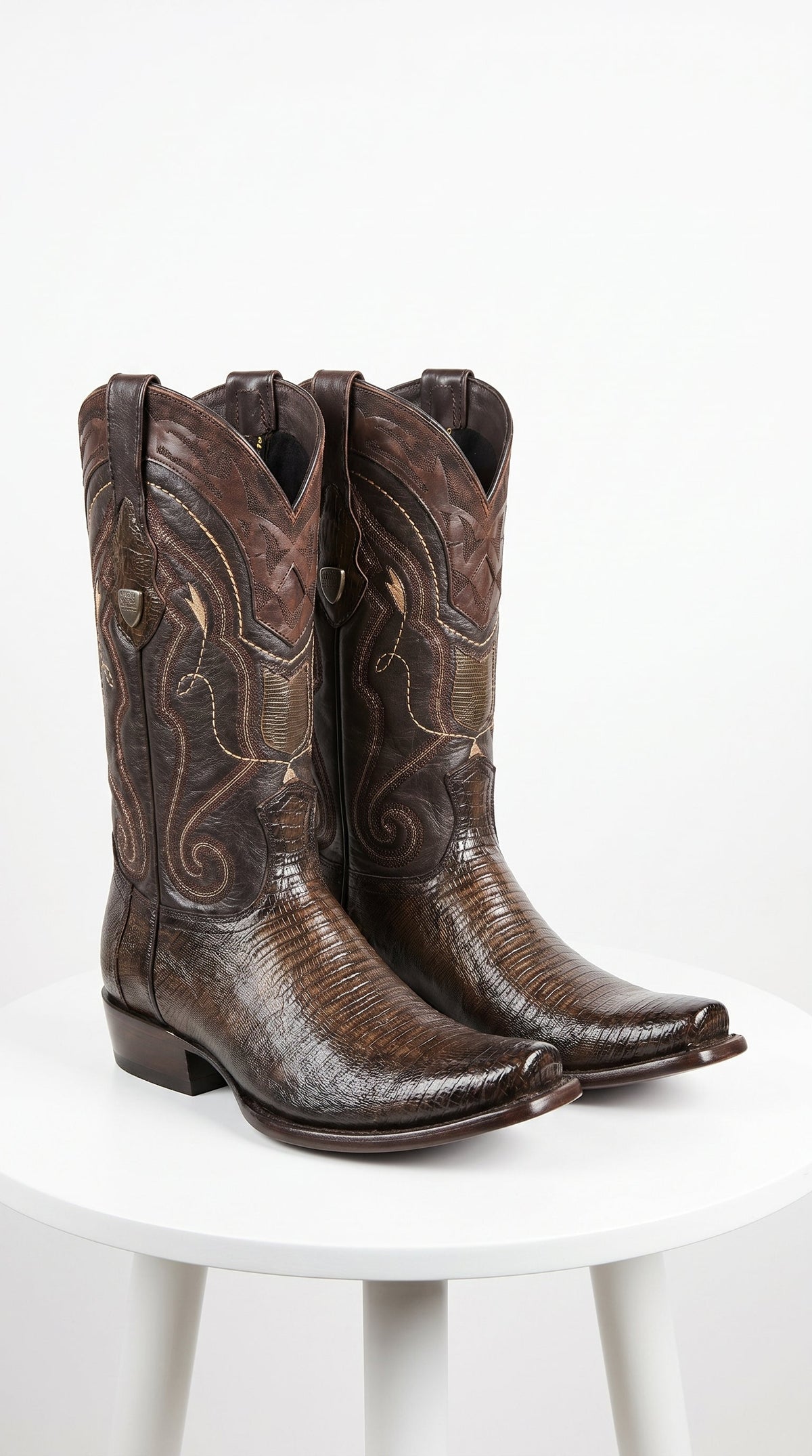 Men’s Wild West Burnished Brown Teju Lizard Square Toe Cowboy Boots, Genuine Leather Dress Western Boots