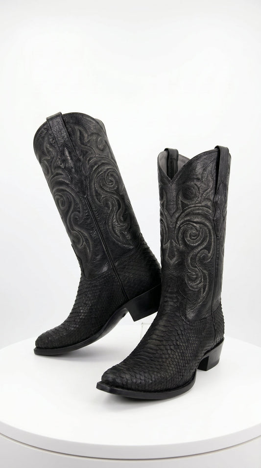 Men’s Black Python Cowboy Boots with Western Stitching, Exotic Style Dress Boots