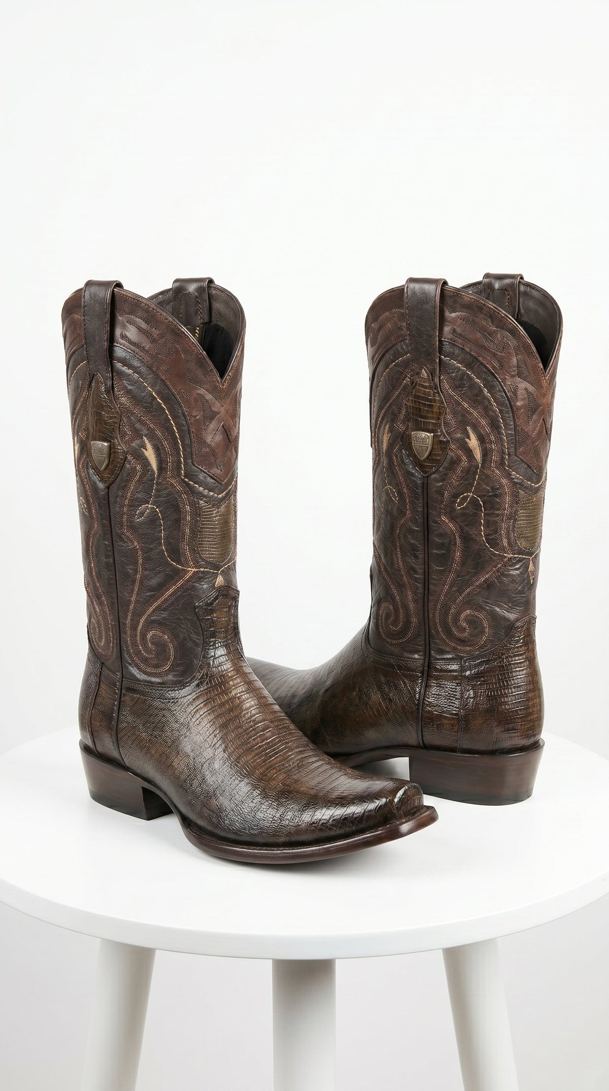 Men’s Wild West Burnished Brown Teju Lizard Square Toe Cowboy Boots, Genuine Leather Dress Western Boots