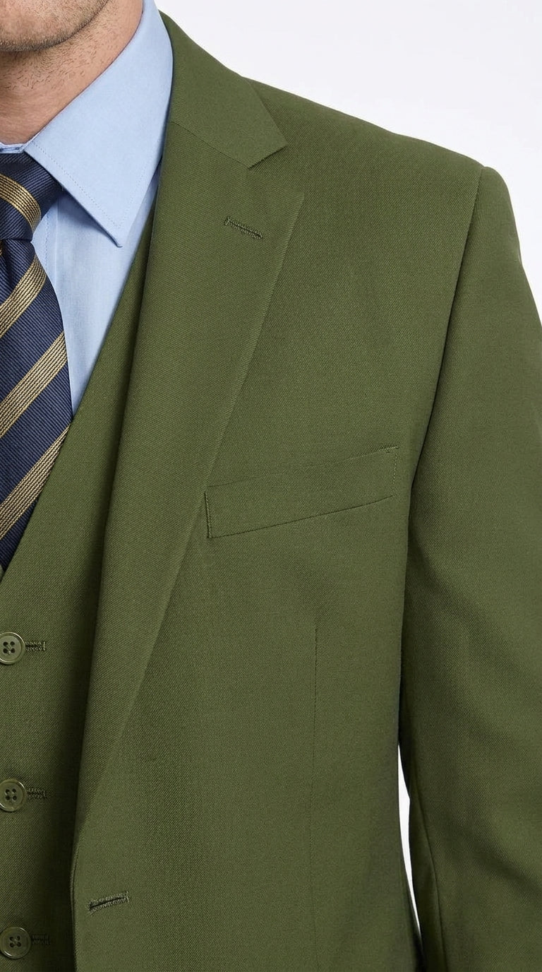 Men’s Olive Classic Fit 3 Piece Suit, Flat Front Vested Formal Wedding Business Suit
