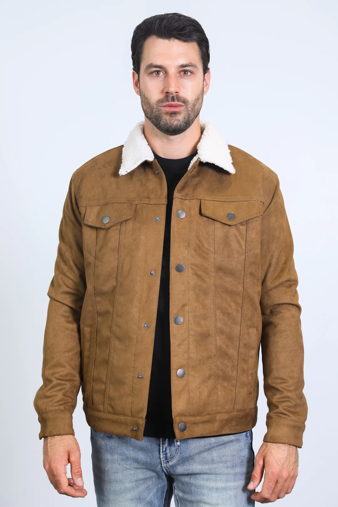 Classic Camel Faux Suede Jacket for Men – Sherpa Lined Warm Winter Style