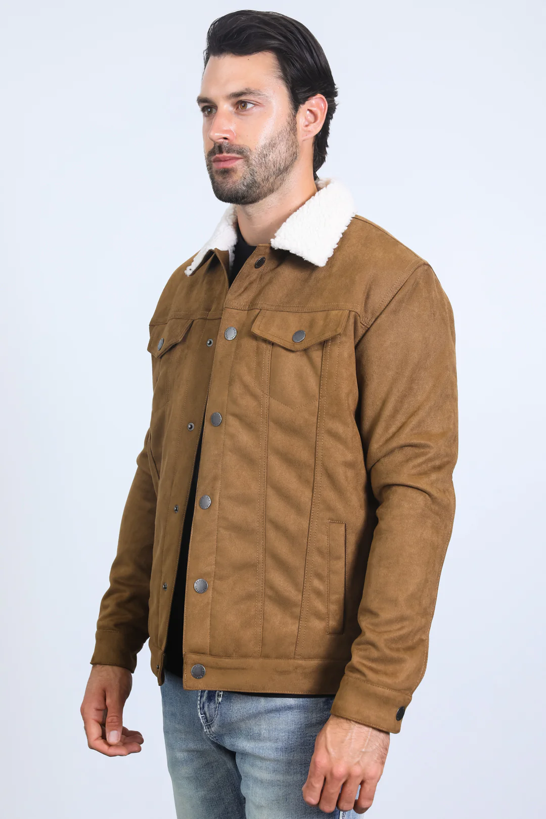 Classic Camel Faux Suede Jacket for Men – Sherpa Lined Warm Winter Style