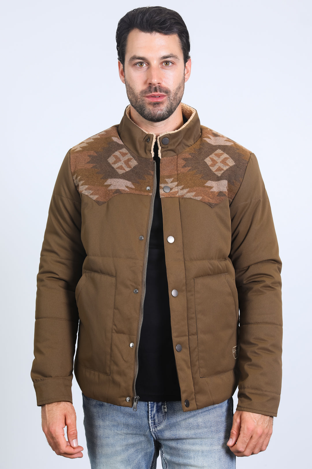 Men’s Quilted Twill Jacket with Aztec Print and Fur Lining – Brown
