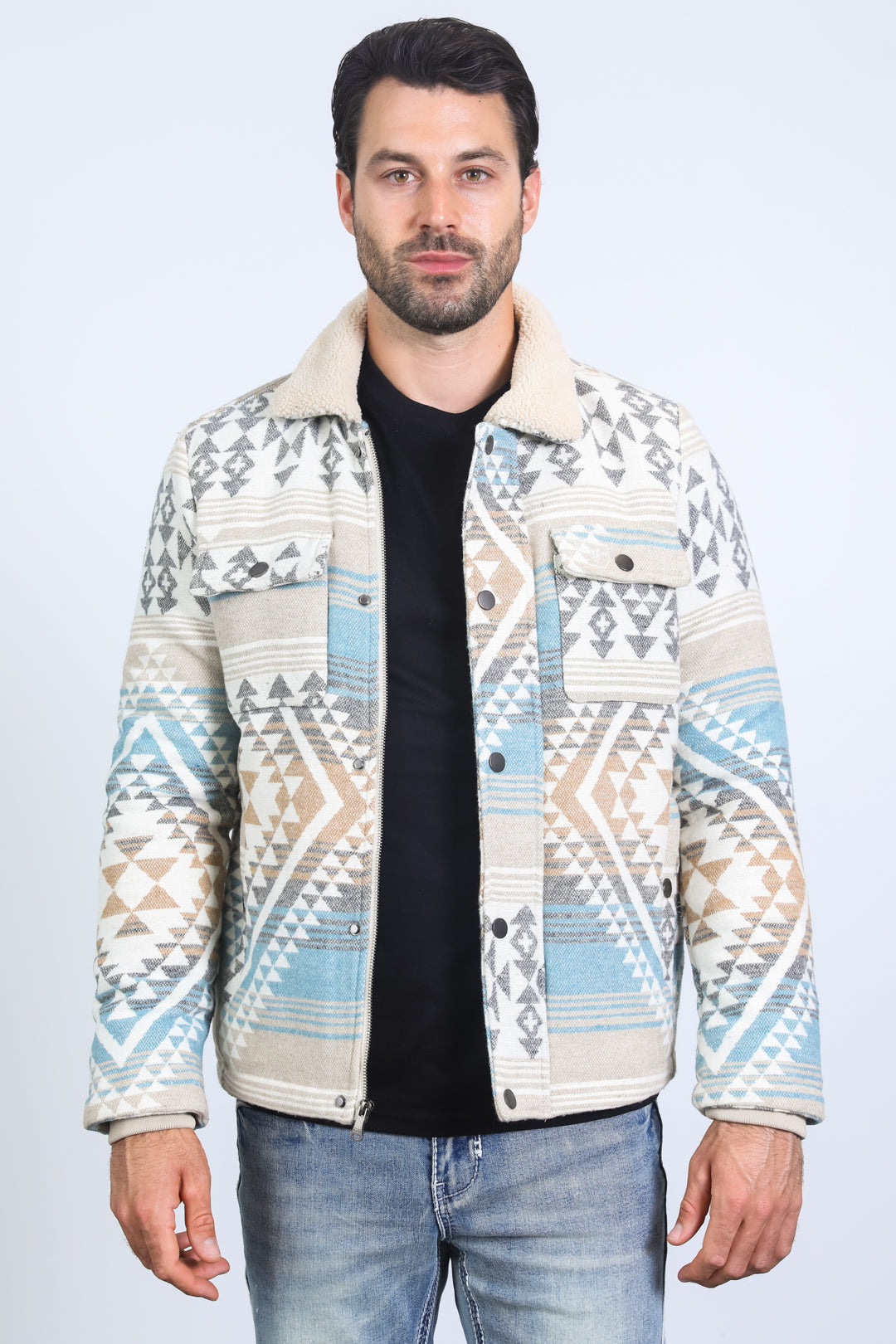 Men’s Aztec Tribal Quilted Twill Jacket – Beige Casual Outerwear