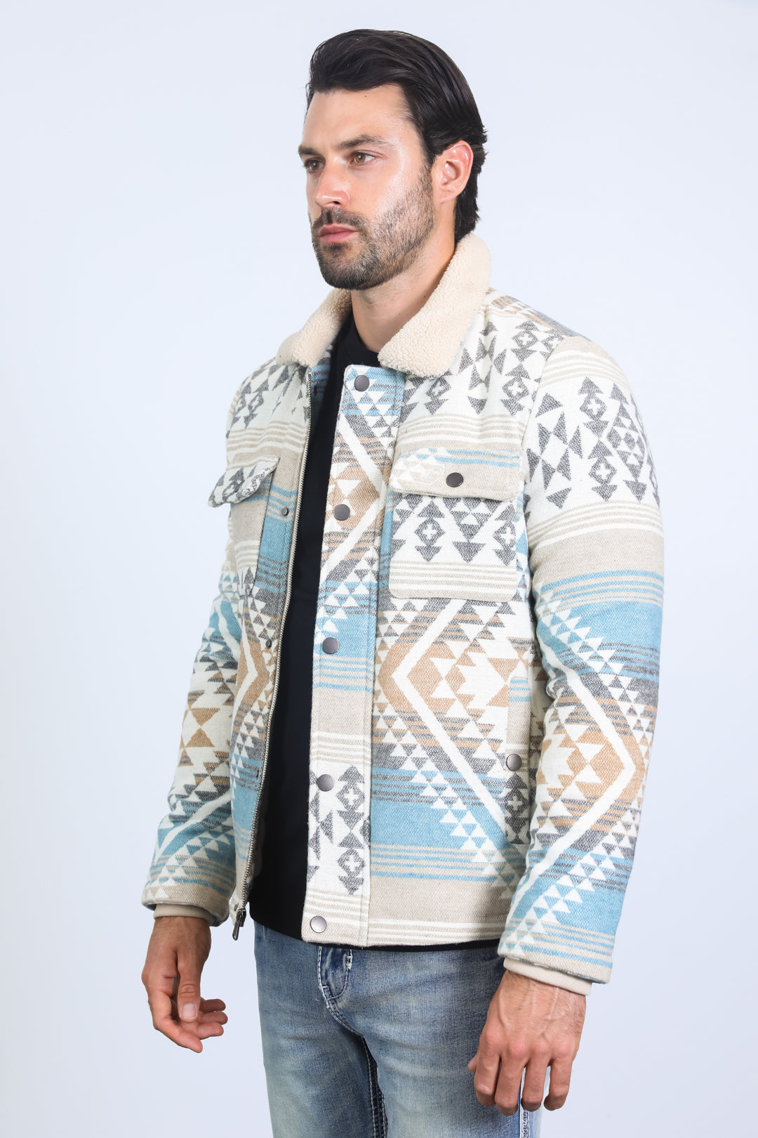 Men’s Aztec Tribal Quilted Twill Jacket – Beige Casual Outerwear