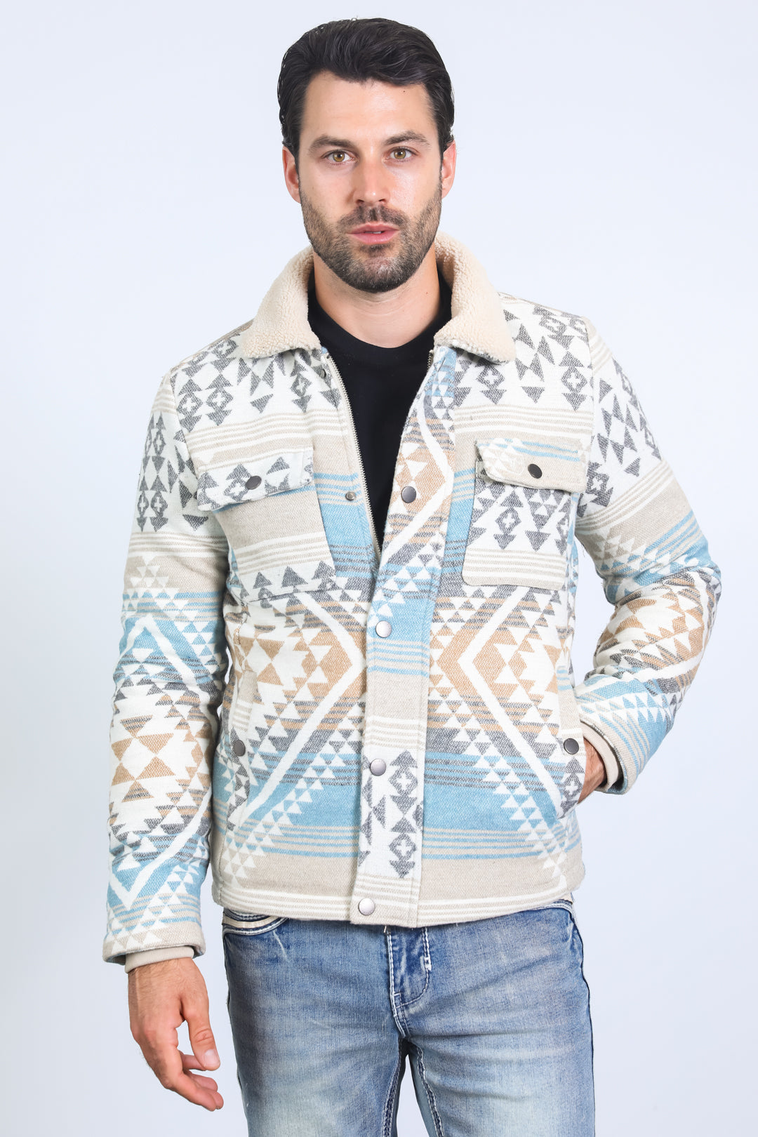 Men’s Aztec Tribal Quilted Twill Jacket – Beige Casual Outerwear