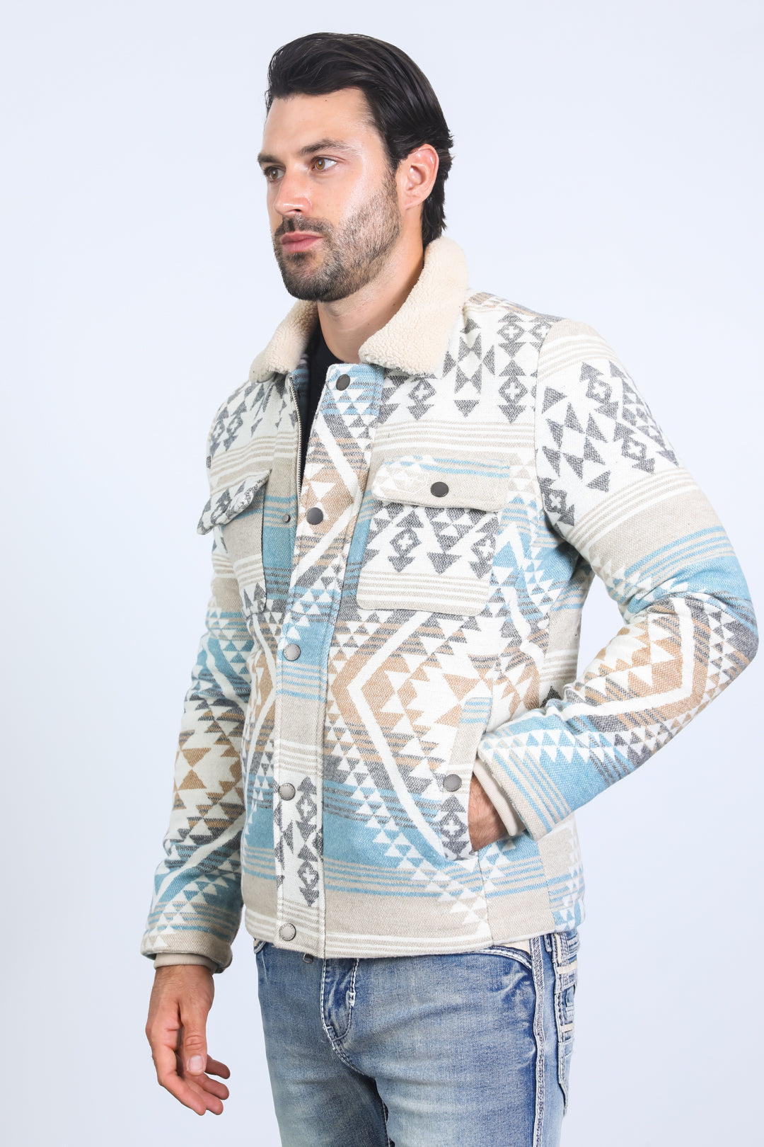 Men’s Aztec Tribal Quilted Twill Jacket – Beige Casual Outerwear