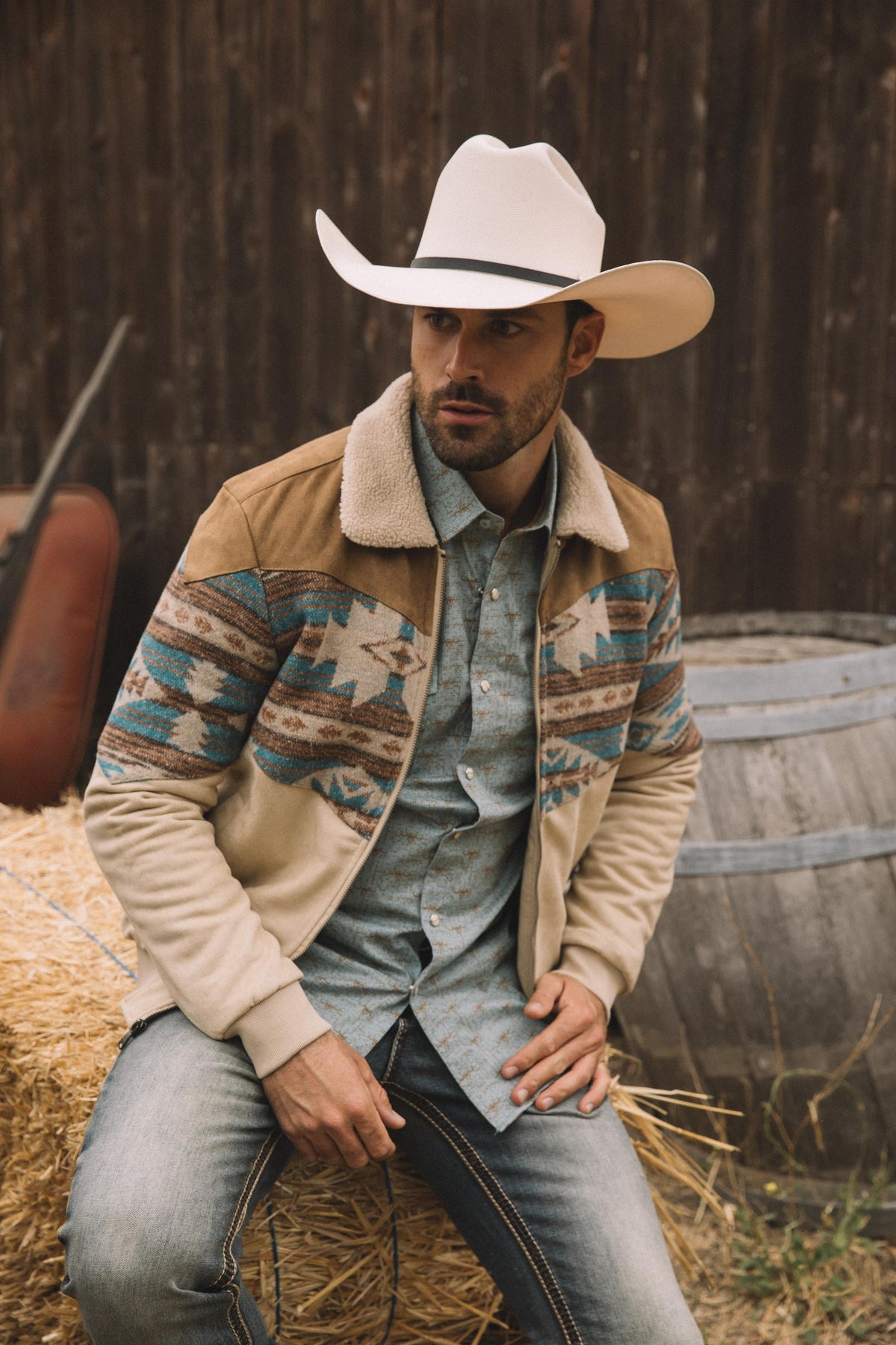 Men’s Western Inspired Aztec Quilted Twill Jacket – Beige with Suede Accents