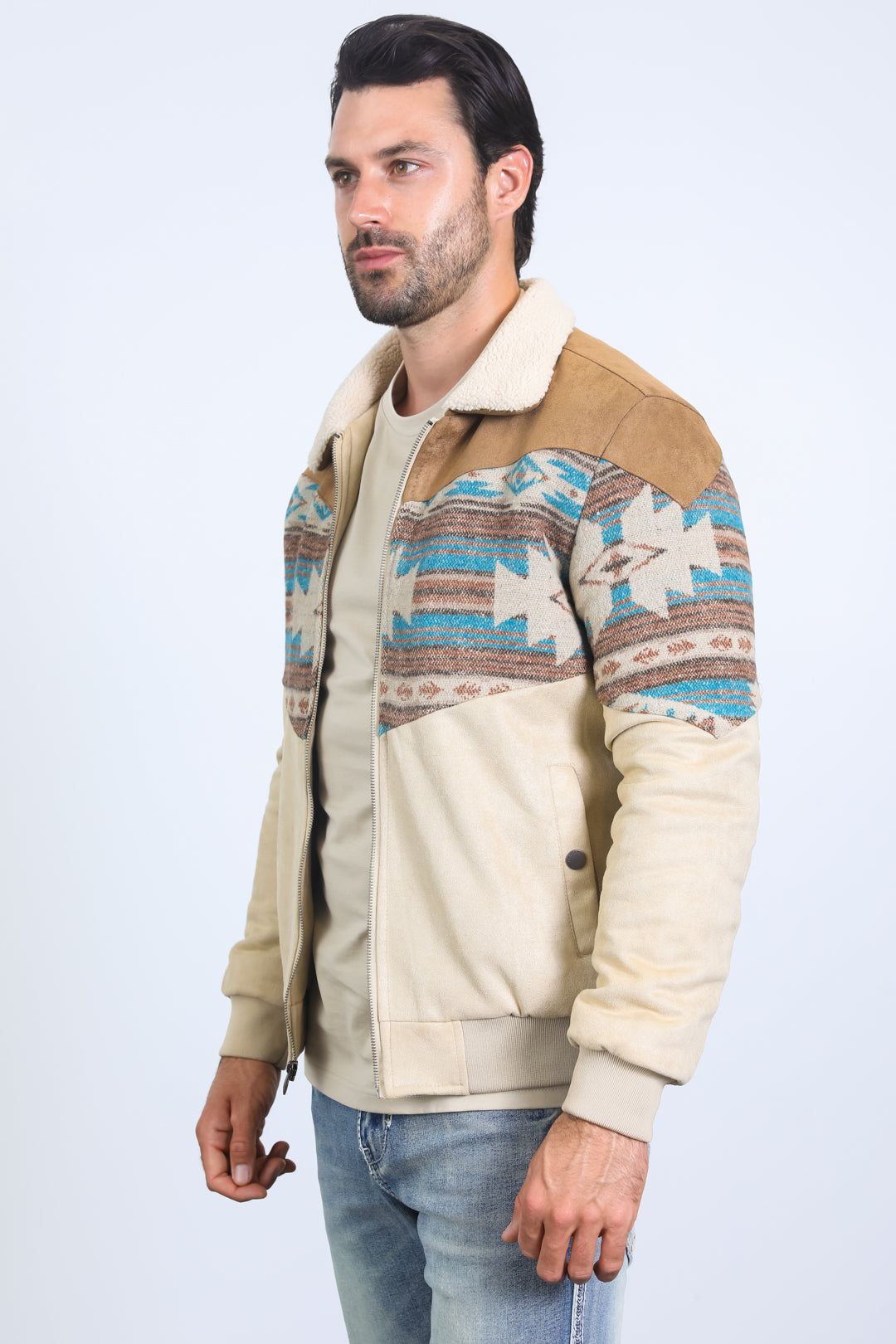 Men’s Western Inspired Aztec Quilted Twill Jacket – Beige with Suede Accents