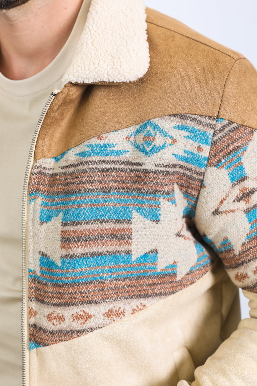 Men’s Western Inspired Aztec Quilted Twill Jacket – Beige with Suede Accents