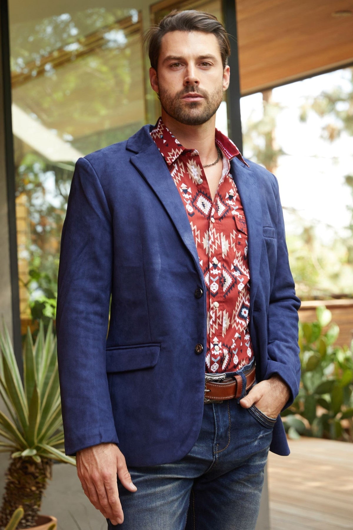 Men’s Elegant Navy Faux Suede Double-Breasted Blazer