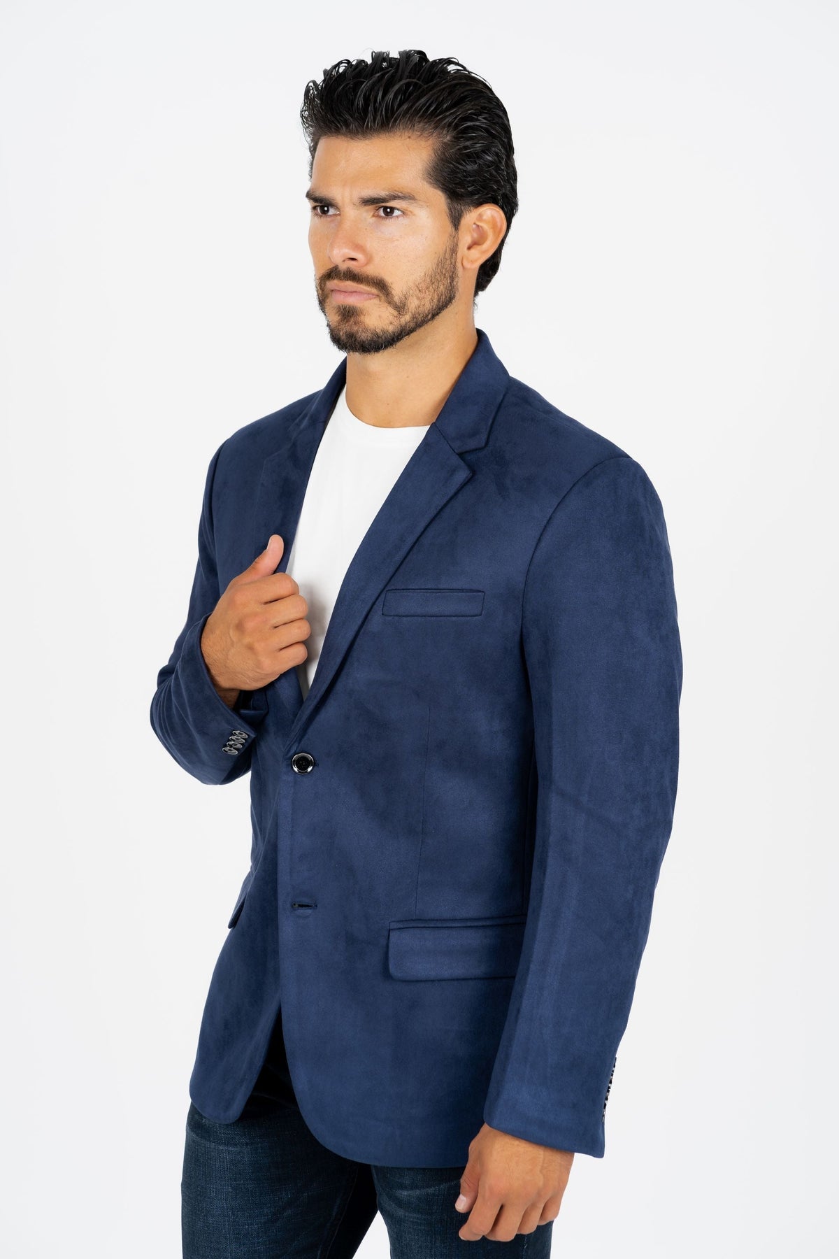 Men’s Elegant Navy Faux Suede Double-Breasted Blazer