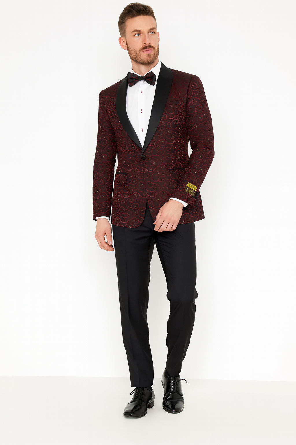 Mens Burgundy Paisley Tuxedo Jacket â€“ Slim Fit Dinner Blazer with Black Satin Lapel With Bowtie