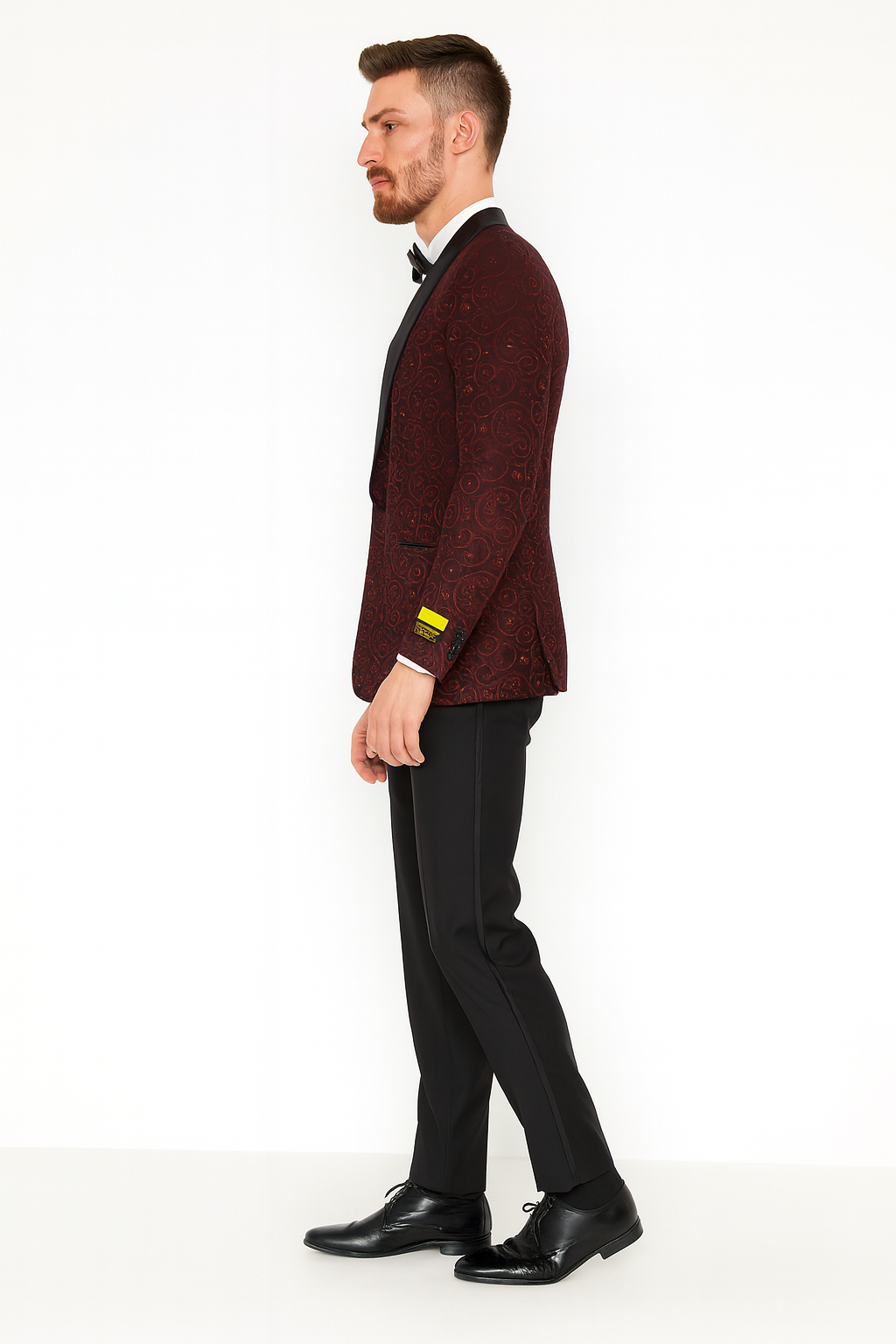 Mens Burgundy Paisley Tuxedo Jacket â€“ Slim Fit Dinner Blazer with Black Satin Lapel With Bowtie