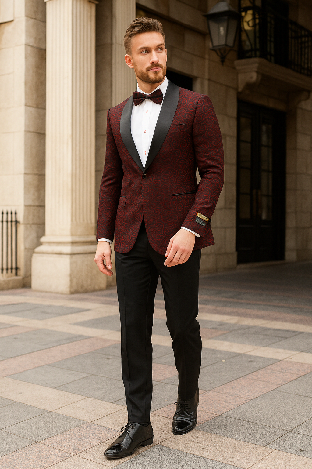 Mens Burgundy Paisley Tuxedo Jacket â€“ Slim Fit Dinner Blazer with Black Satin Lapel With Bowtie