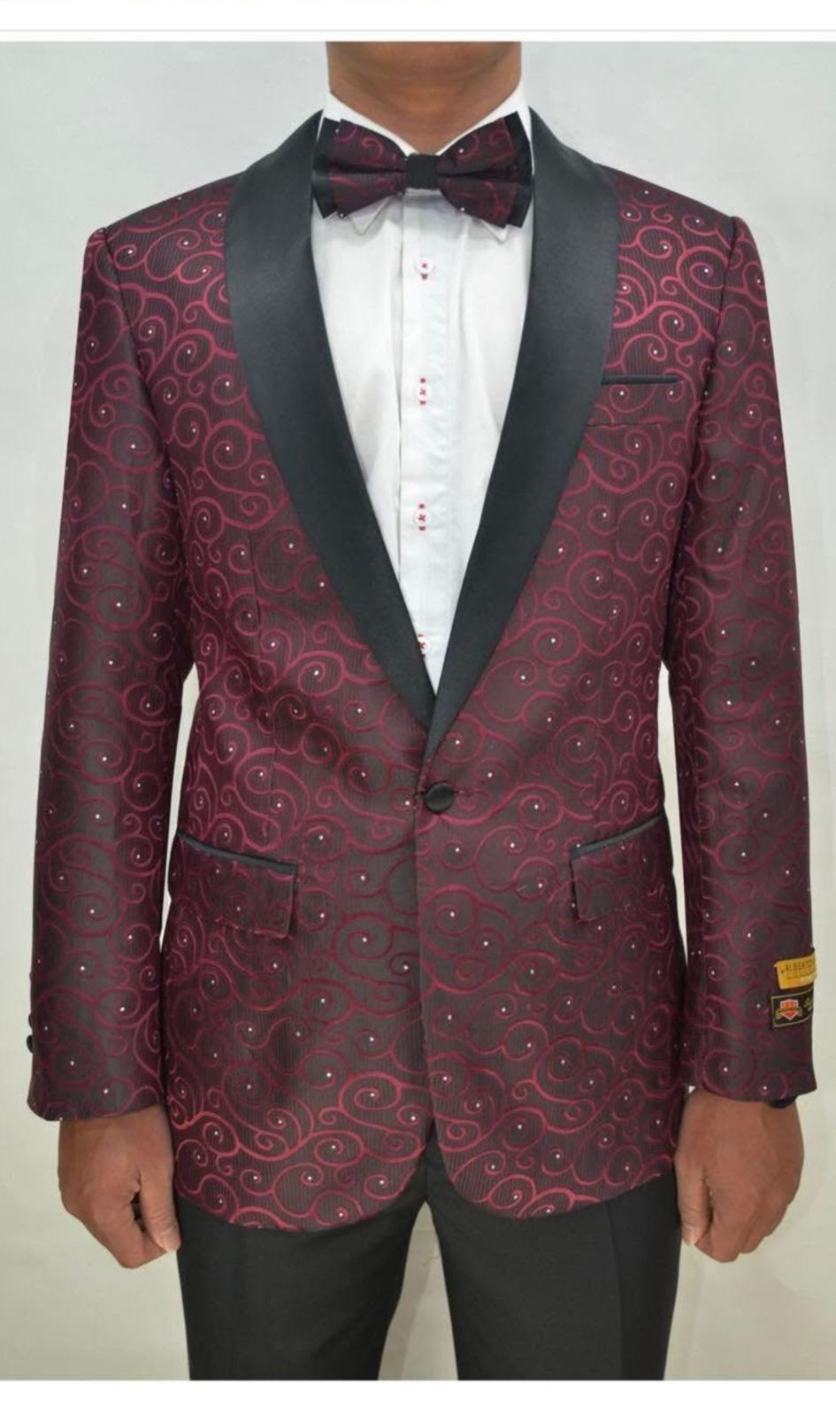 Mens Burgundy Paisley Tuxedo Jacket â€“ Slim Fit Dinner Blazer with Black Satin Lapel With Bowtie