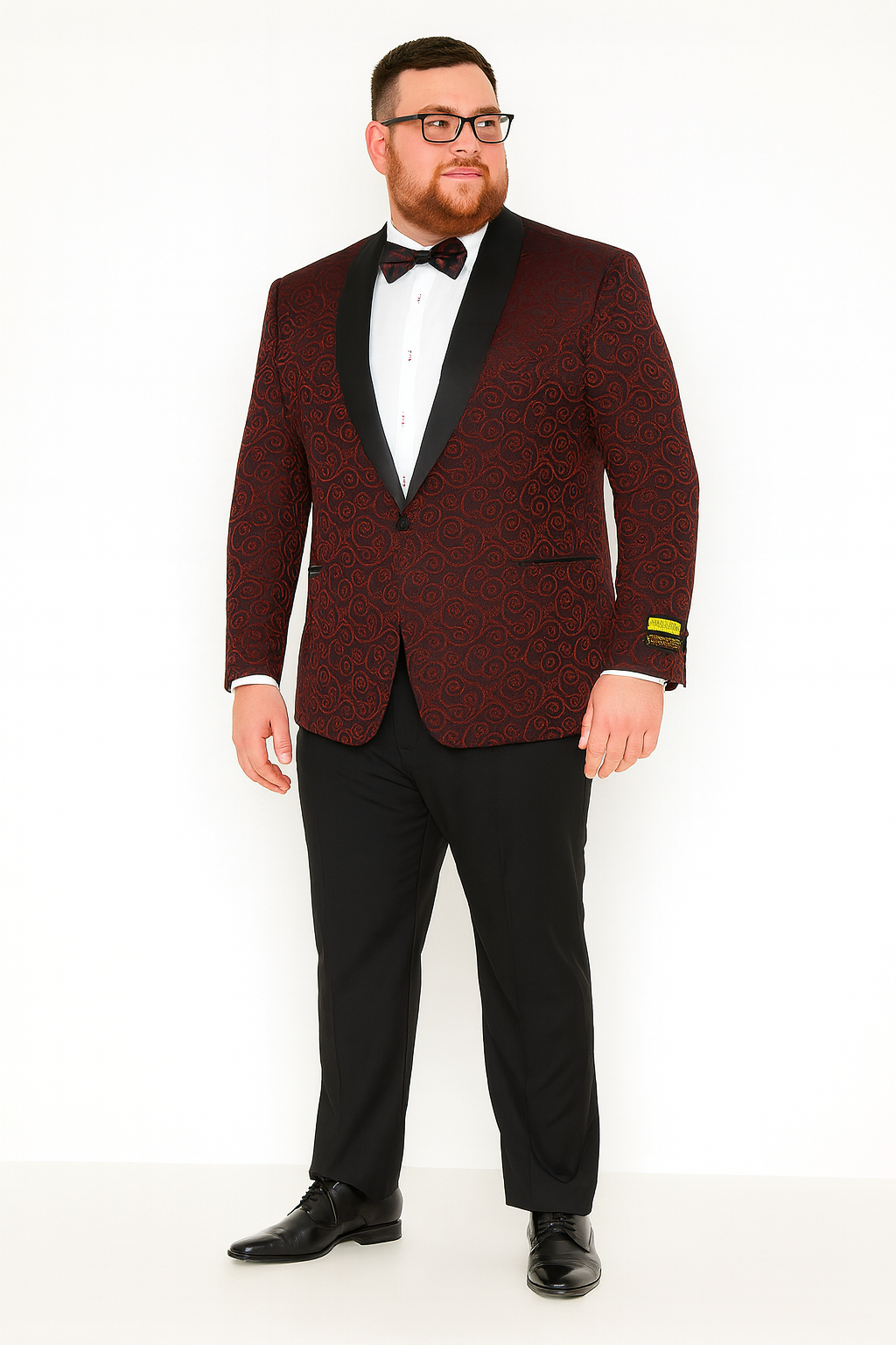 Mens Burgundy Paisley Tuxedo Jacket â€“ Slim Fit Dinner Blazer with Black Satin Lapel With Bowtie