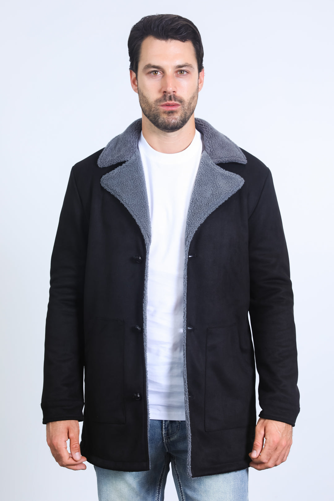 Men’s Black Faux Suede Western Overcoat – Longline Cowboy Style Jacket