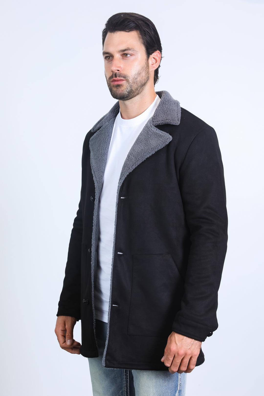 Men’s Black Faux Suede Western Overcoat – Longline Cowboy Style Jacket