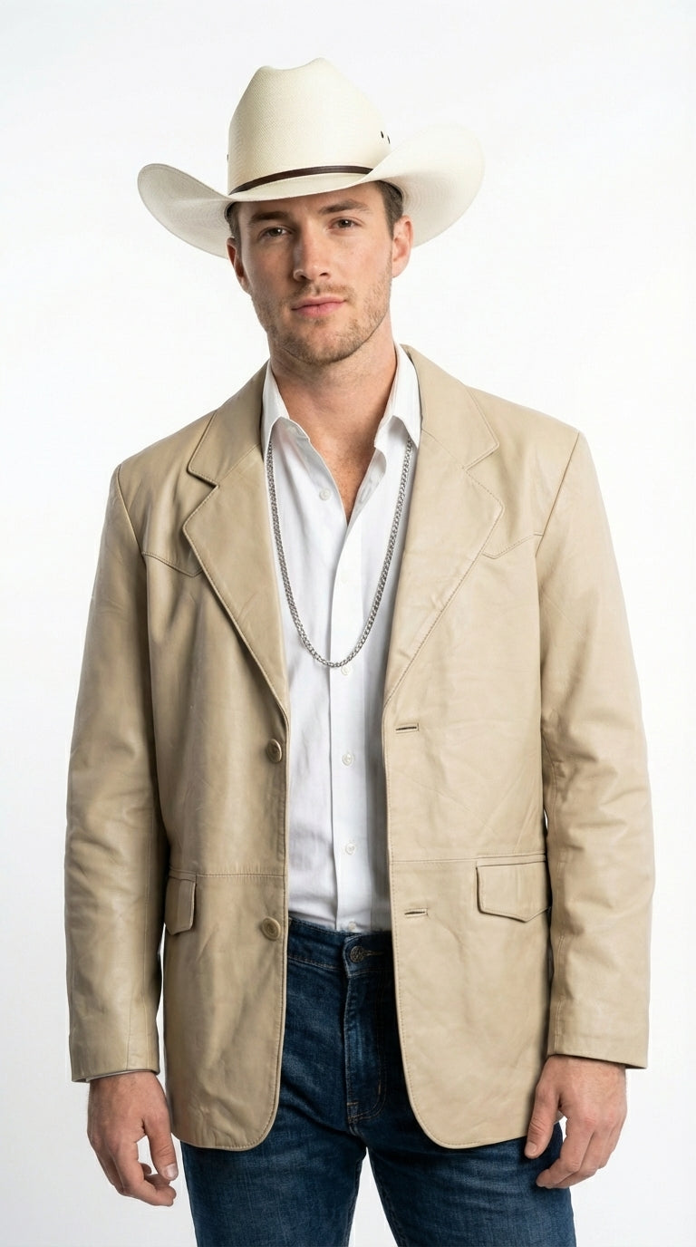 Mens Beige Sand Bone Real Leather Cowboy Western Blazer – Classic Western Style Leather Jacket Casual Formal Ranch Coat for Men