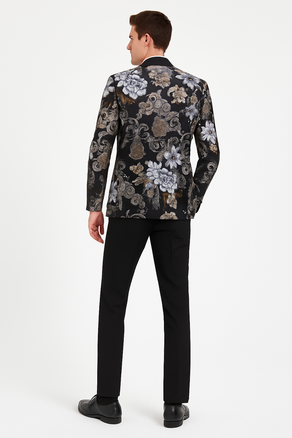 Mens Black and Gold and Silver Floral Jacquard Blazer with Satin Shawl Lapel Tuxedo Suit With Black Pants with Bowtie