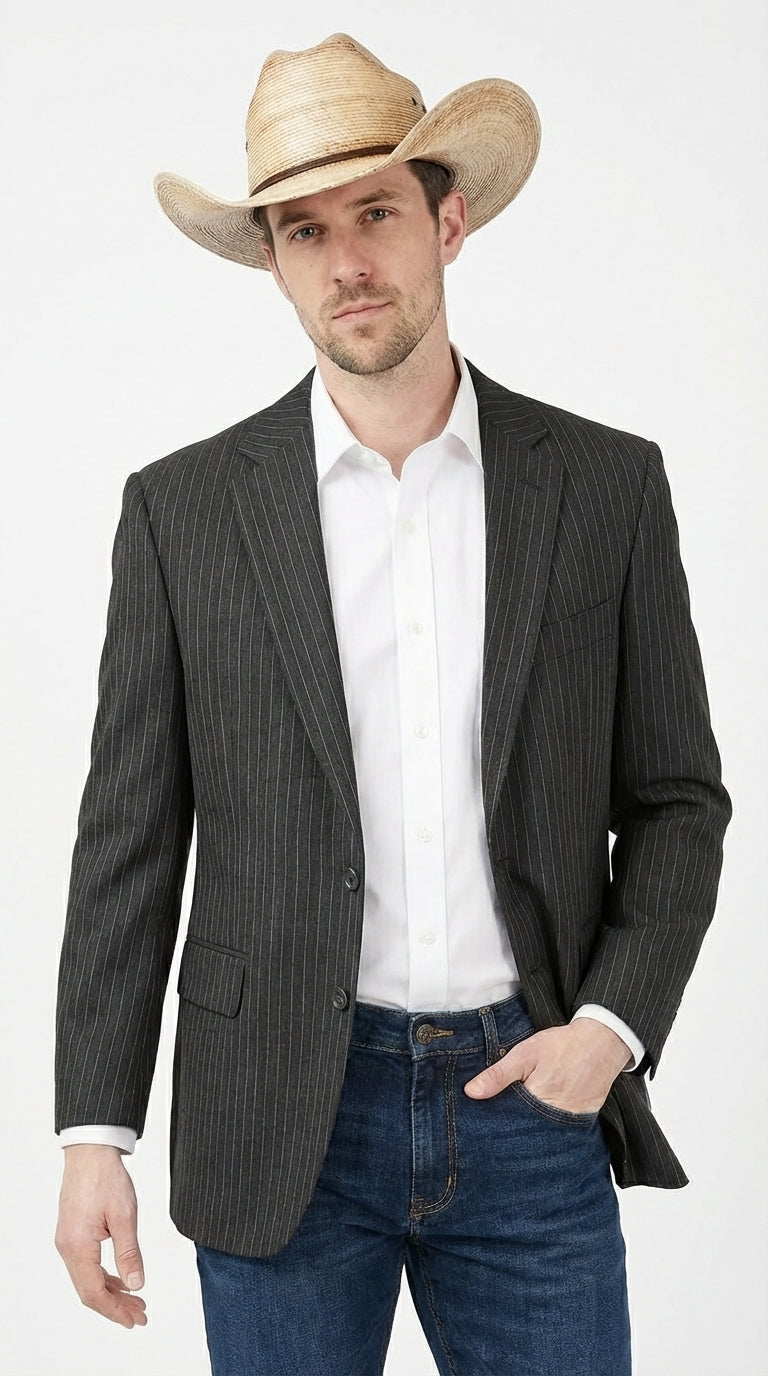 Mens Black Pinstripe Western Blazer – Classic Cowboy Style Jacket for Business, Formal and Smart Casual Wear