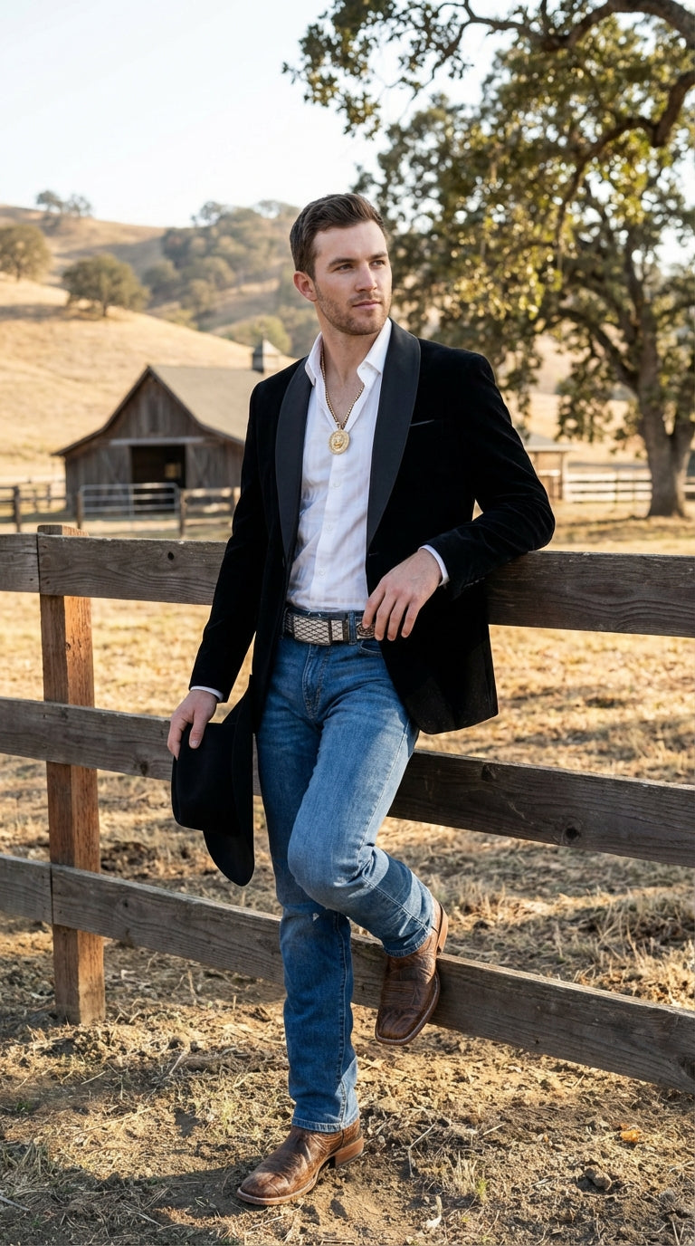 Mens Black Velvet Cowboy Blazer – Western Formal Jacket with Satin Lapel