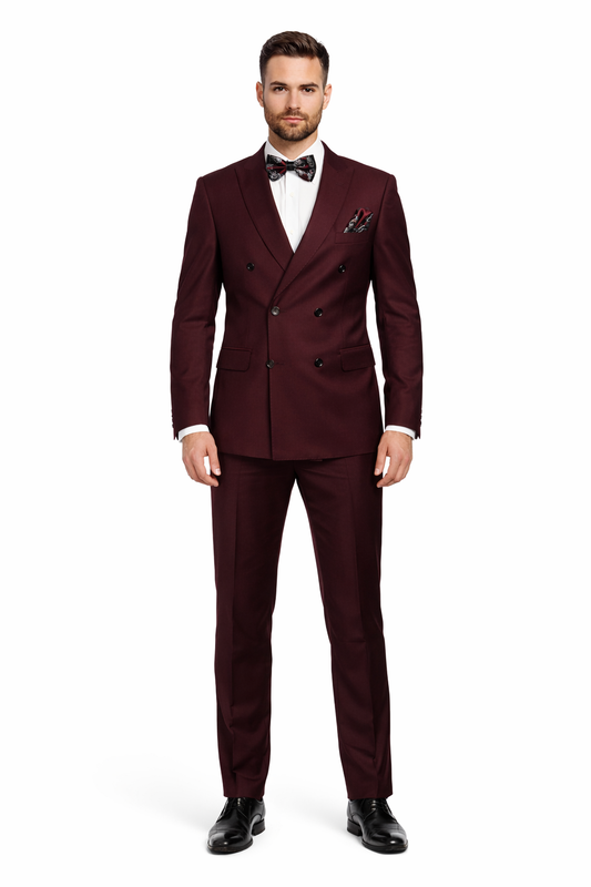 Men's Designer Double Breasted Wool Suit in Burgundy