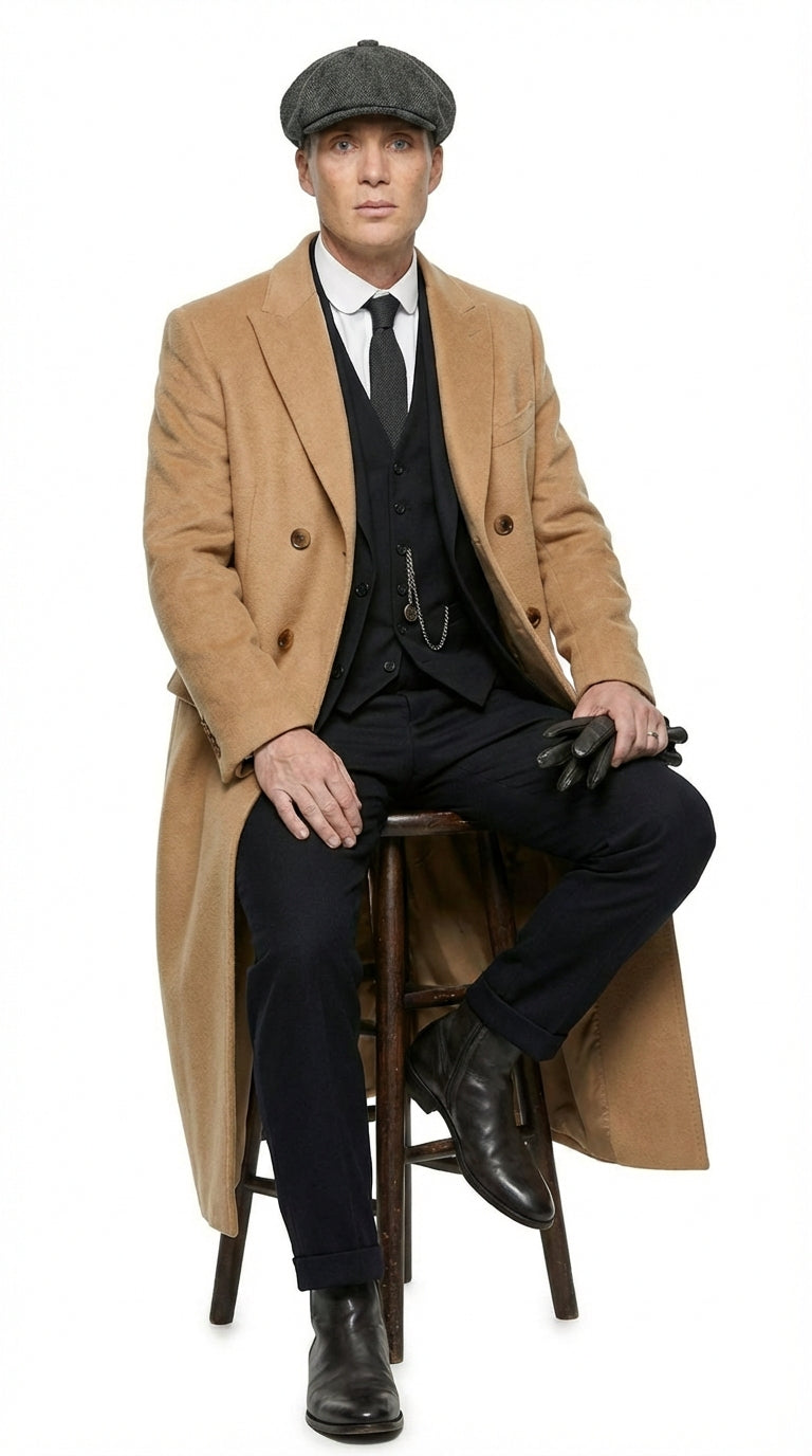 Mens Camel Brown Double Breasted Wool Overcoat + Suit – Peaky Blinders Inspired Vintage Long Trench Coat with Lapel Collar