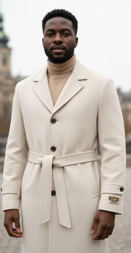 Men's Off White Full Length Belted Overcoat Porter