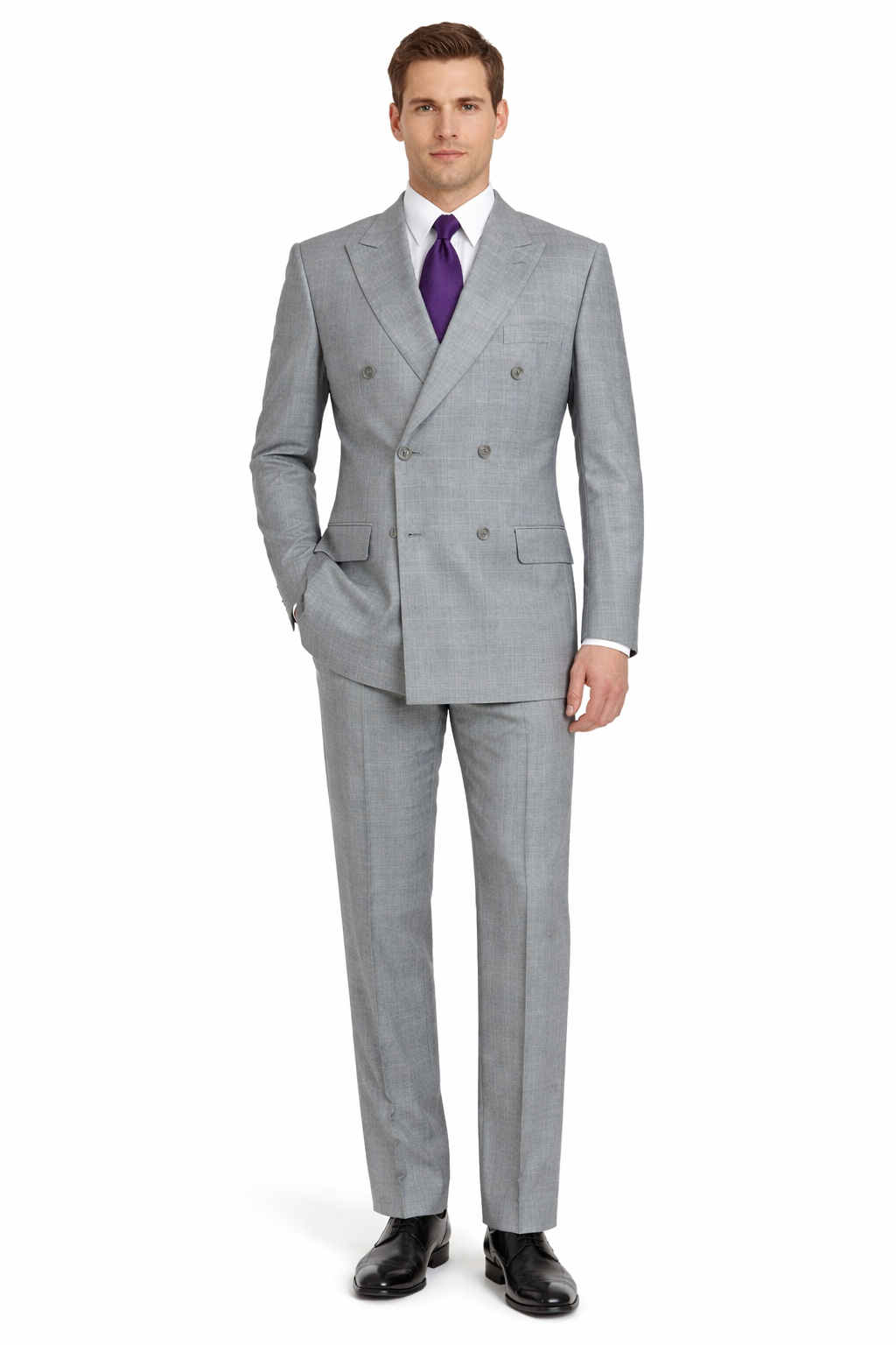 Mens Classic Wool Feel Double Breasted Glen Plaid Suit in Grey-New Designer Collection