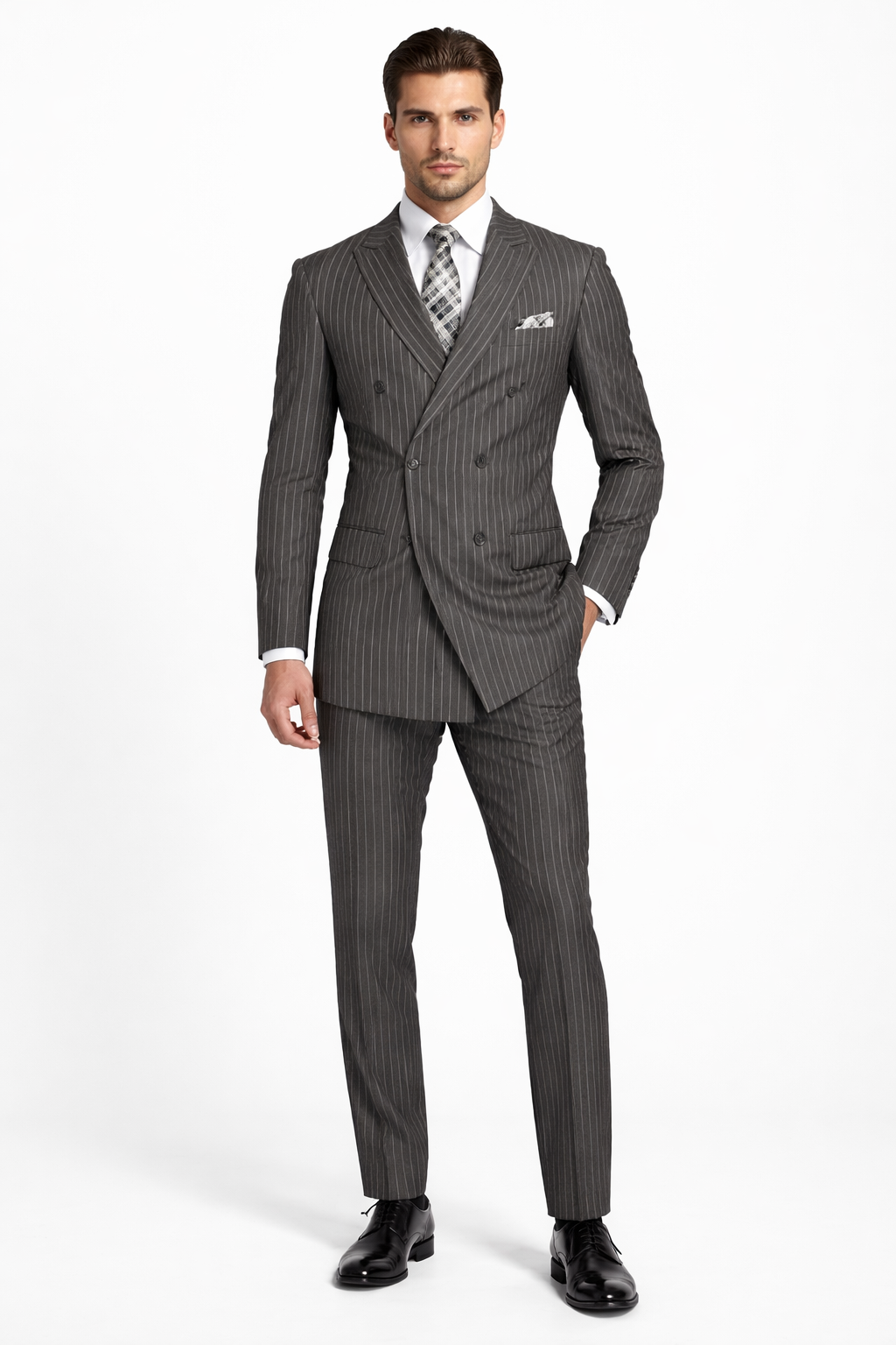 Men's Designer Double Breasted Wool Suit in Bold Grey Gangster Pinstripe.