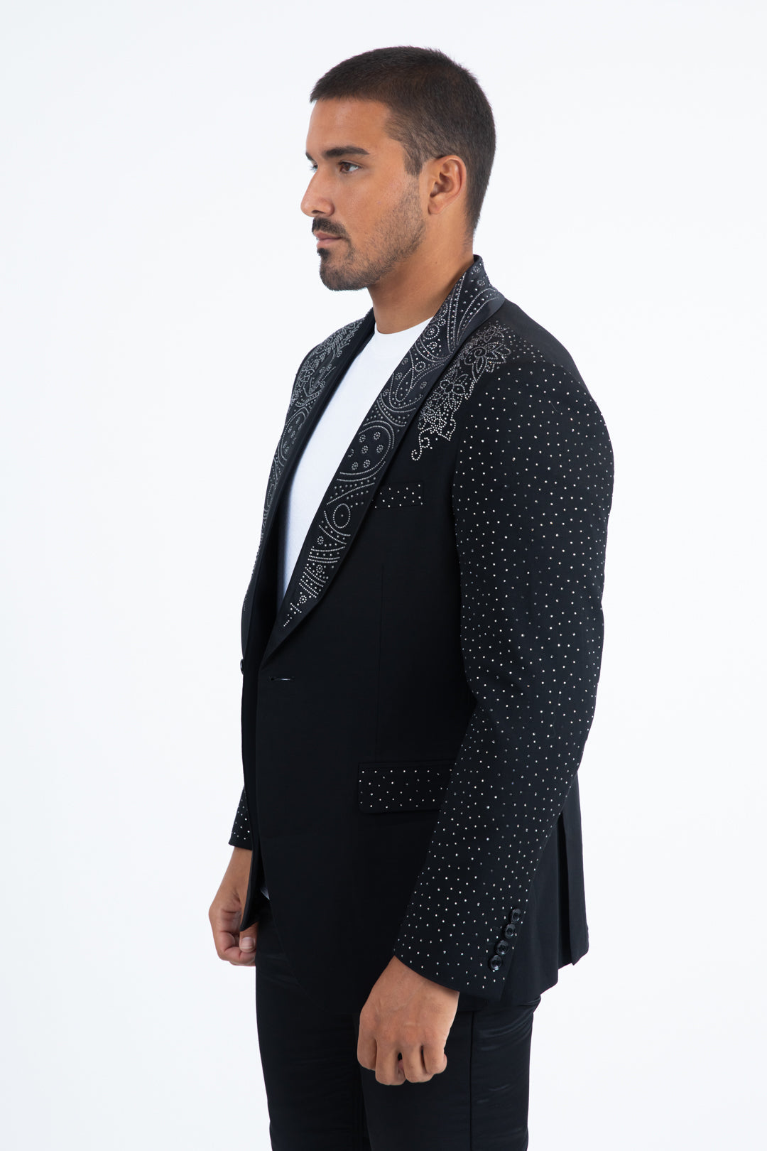 Men’s Black Sparkle Rhinestone Blazer – Slim Fit Double Button Coat