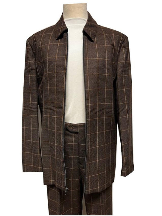 Mens Leisure Casual Suit Brown Windowpane 6775
