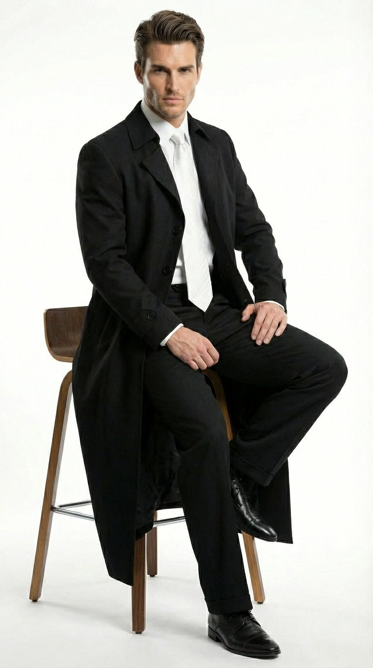Men's Maxi  Black Full Length Zoot Suit – Vintage Gangster Style Long Coat Formal Suit
