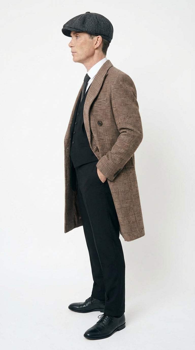 Mens Peaky Blinders Gray Plaid Double Breasted Overcoat + Suit  Peaky Blinders Vintage Wool Blend Coat 1920's