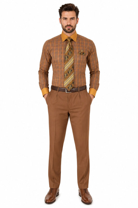 Mens Rust Tone on Tone Check Pattern Dress Shirt