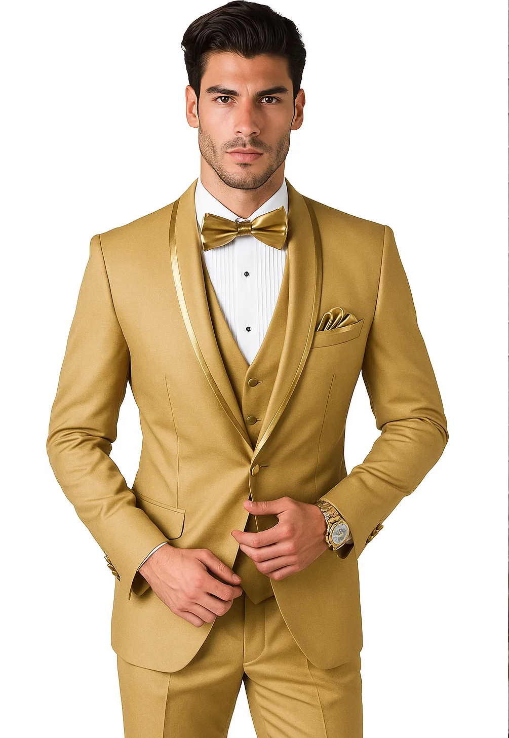 Mens Vested Formal Tuxedo in Champagne Satin Shawl Lapel Design