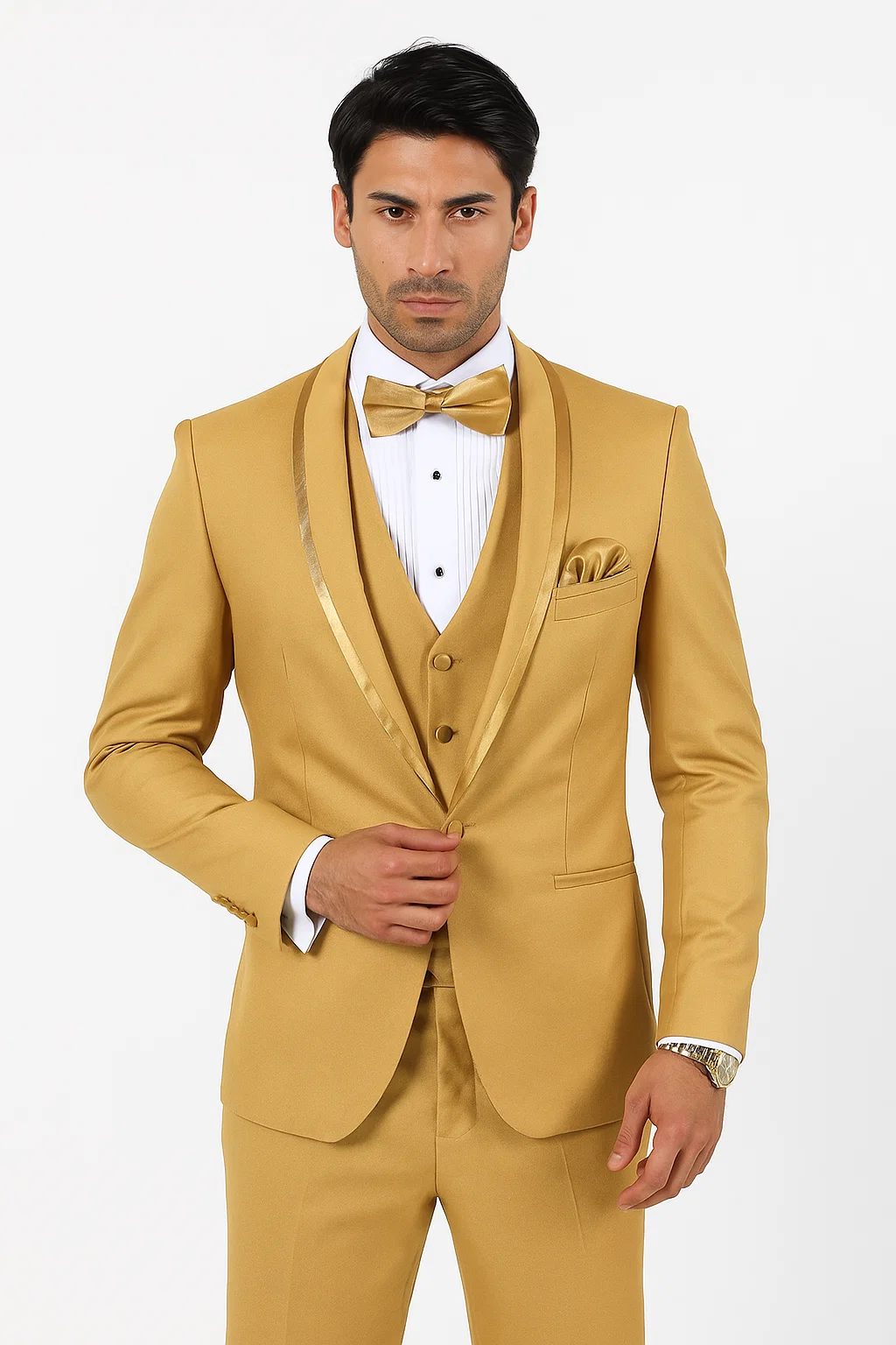 Mens Vested Formal Tuxedo in Champagne Satin Shawl Lapel Design