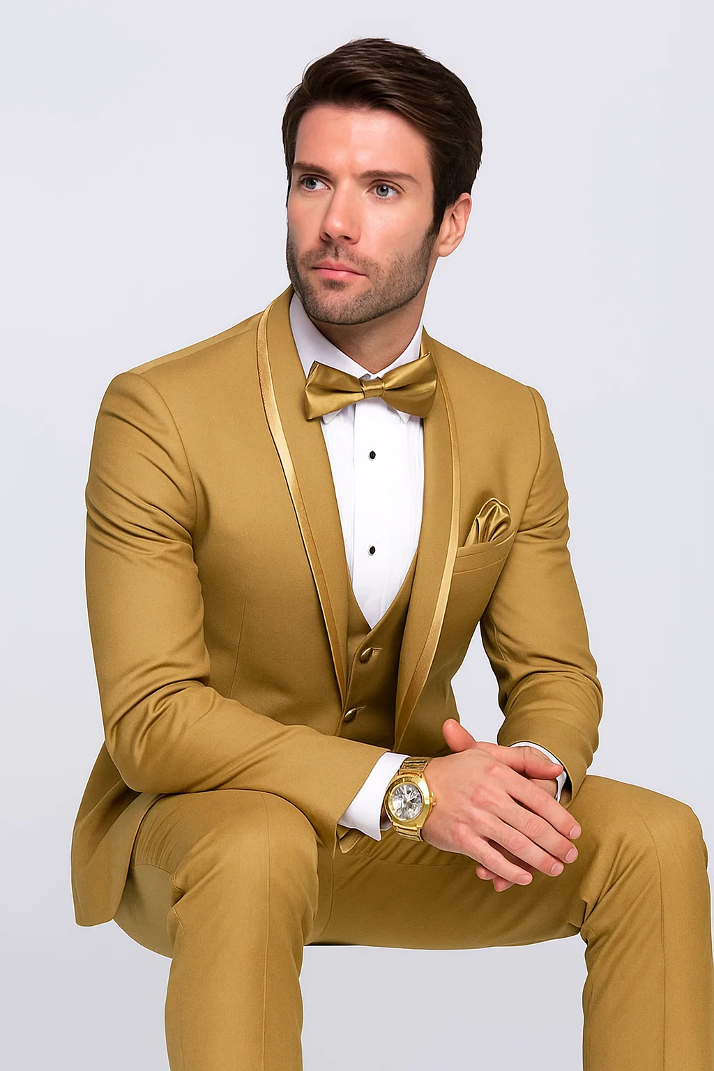 Mens Vested Formal Tuxedo in Champagne Satin Shawl Lapel Design