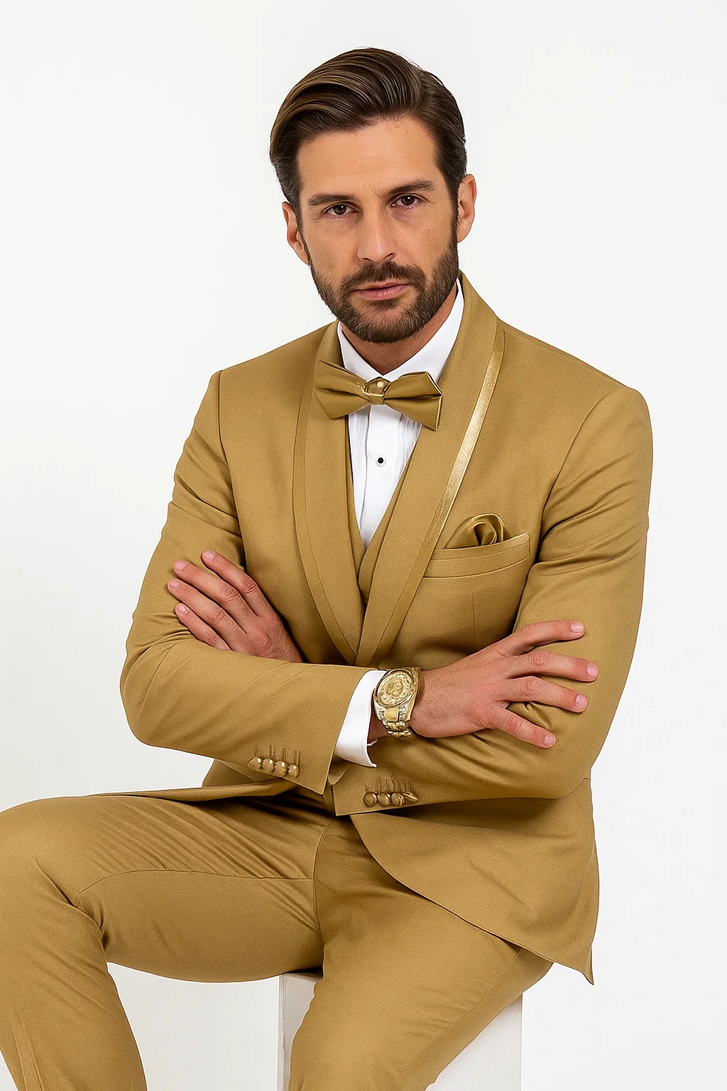 Mens Vested Formal Tuxedo in Champagne Satin Shawl Lapel Design