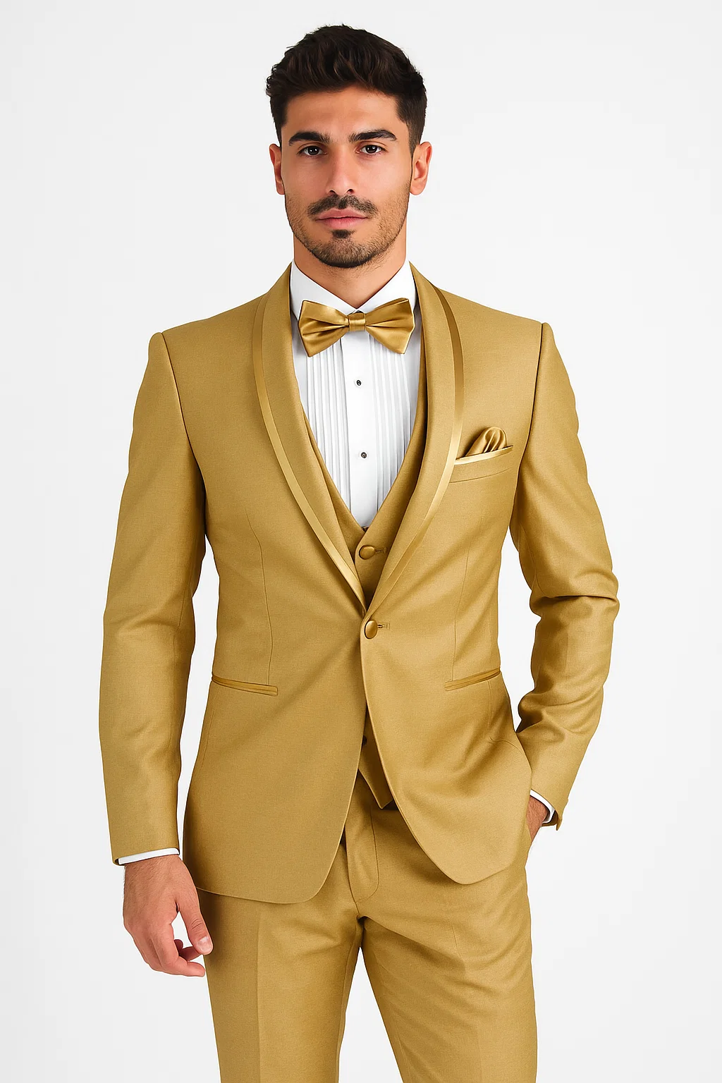 Mens Vested Formal Tuxedo in Champagne Satin Shawl Lapel Design