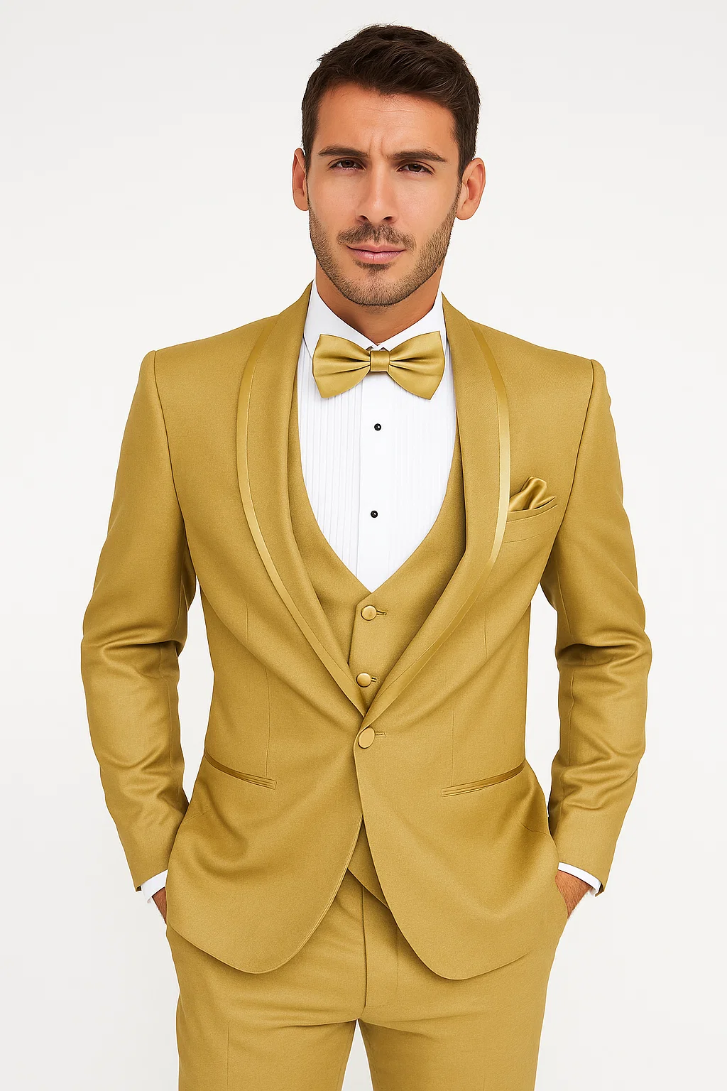 Mens Vested Formal Tuxedo in Champagne Satin Shawl Lapel Design