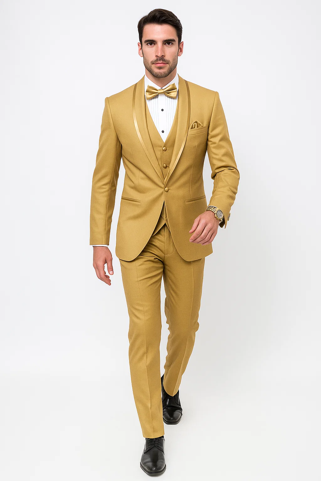 Mens Vested Formal Tuxedo in Champagne Satin Shawl Lapel Design