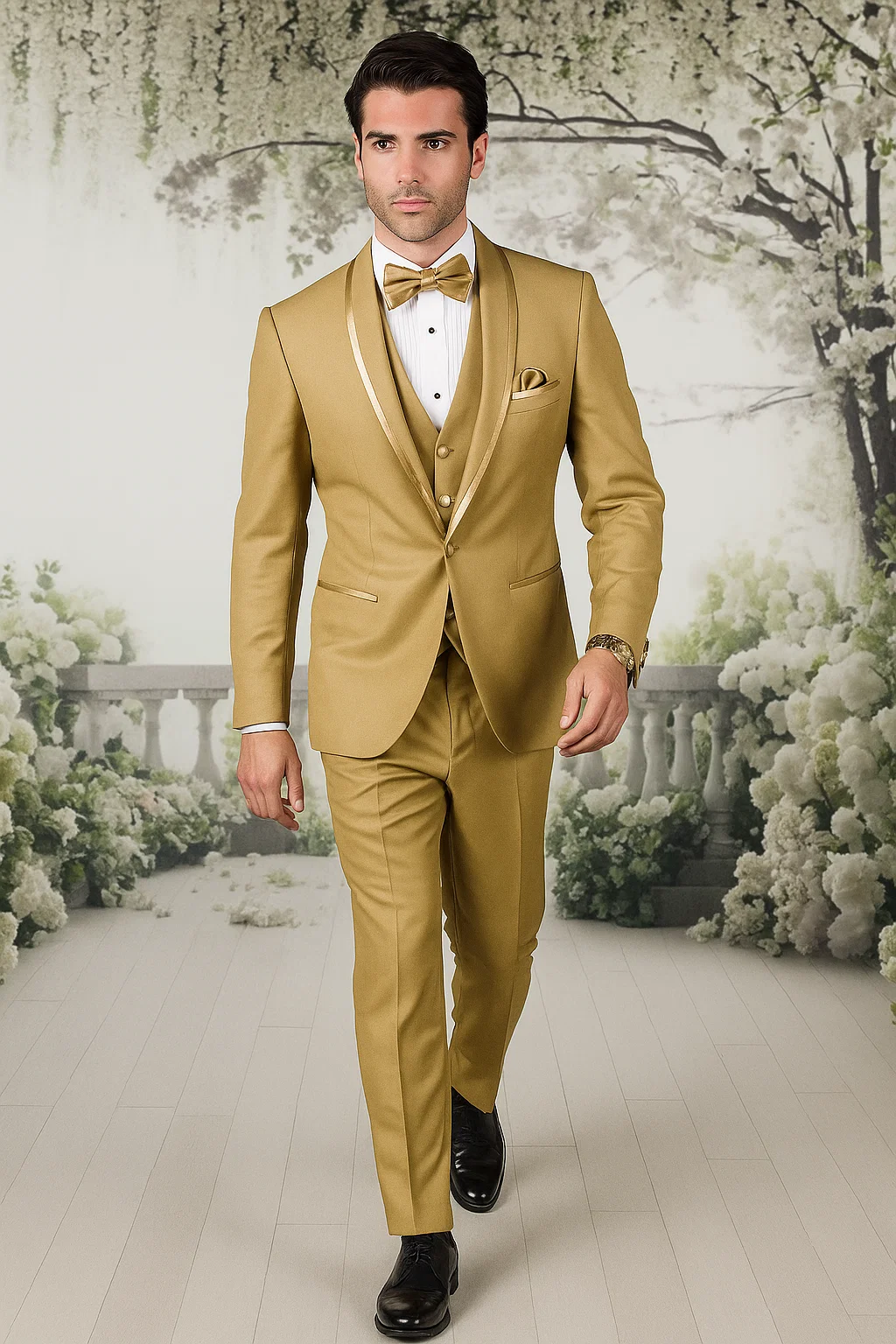 Mens Vested Formal Tuxedo in Champagne Satin Shawl Lapel Design