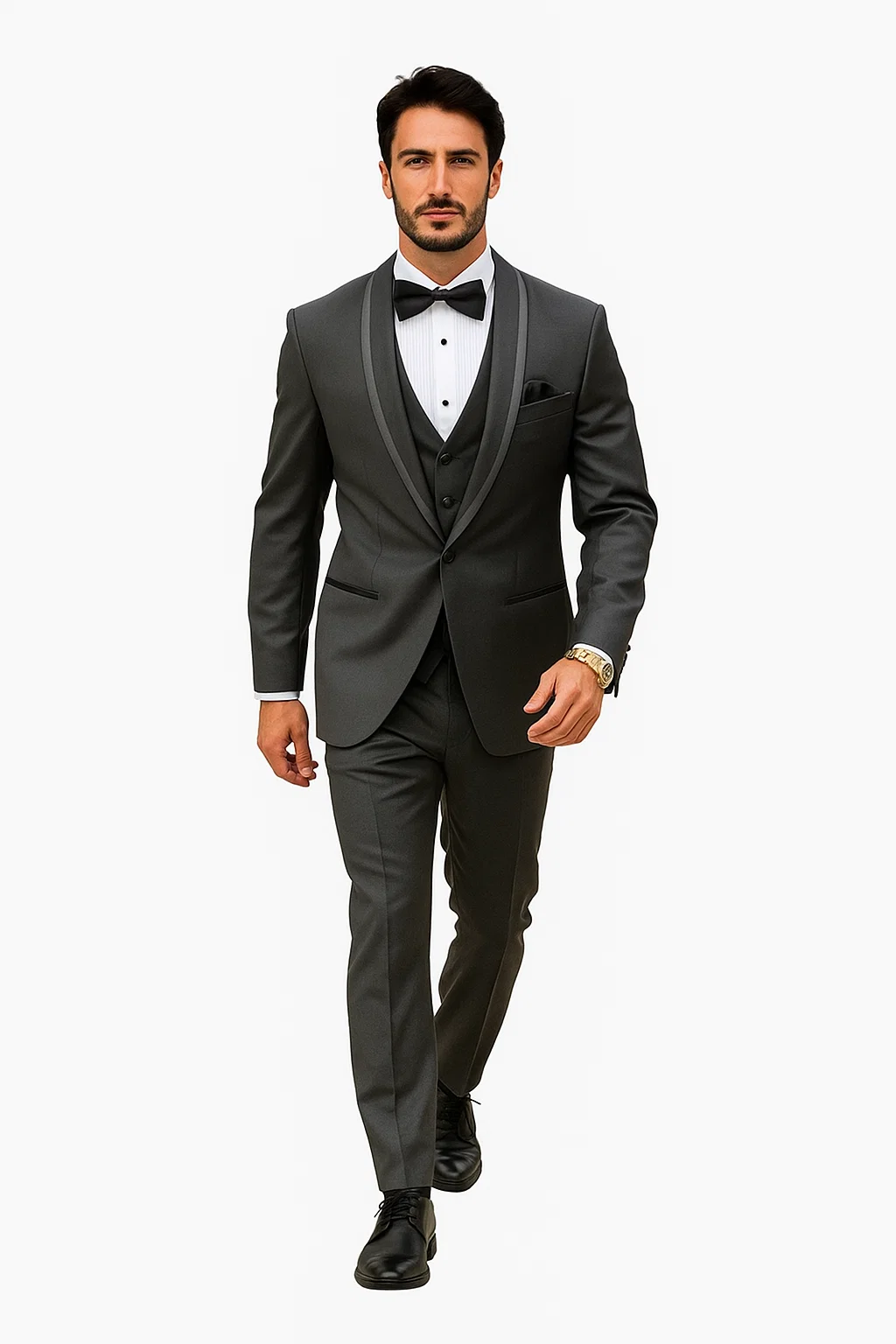 Classic Mens Vested Tuxedo in Charcoal â€“ Satin Shawl Collar for Formal Events