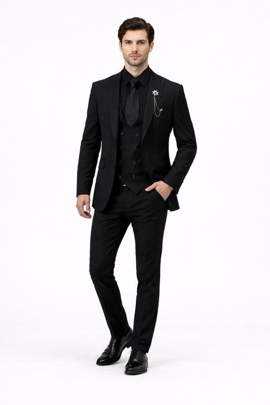 Mens Two Button Peak Lapel Suit Black