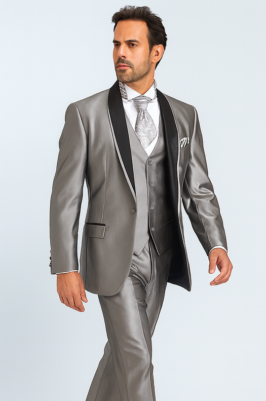 Men's Two Toned Tuxedo Trimmed Jacket And Suit Silver Grey